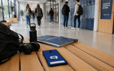 Telefon w zamkniętym etui Strefa Offline na drewnianej ławce na szkolnym korytarzu
