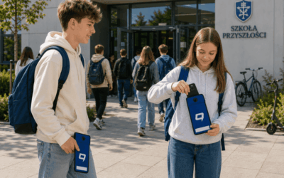 Uczennica chowa telefon do zamykanego etui Strefa Offline przed wejściem do szkoły