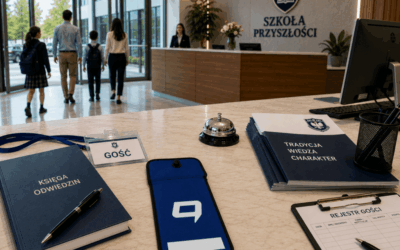 Etui na telefon Strefa Offline na ladzie recepcji szkoły obok księgi odwiedzin