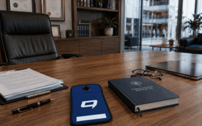 Zamykane etui na telefon na biurku w gabinecie dyrektora szkoły