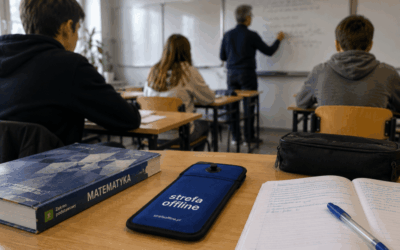 Telefon w zamkniętym etui Strefa Offline na ławce podczas lekcji matematyki