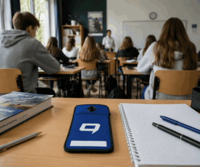 Telefon w etui Strefa Offline na ławce w klasie podczas lekcji