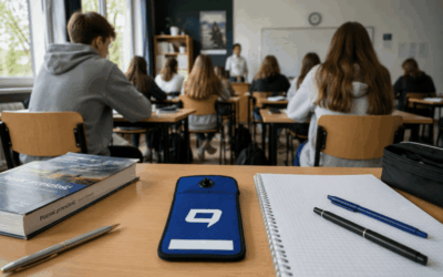 Telefon w etui Strefa Offline na ławce w klasie podczas lekcji