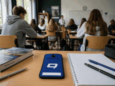 Telefon w etui Strefa Offline na ławce w klasie podczas lekcji