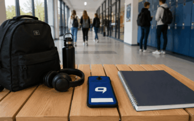 Telefon w etui Strefa Offline na ławce na szkolnym korytarzu obok plecaka i słuchawek