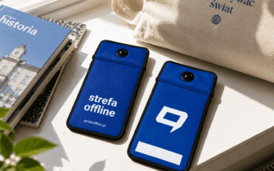 Dwa zamknięte etui na telefon Strefa Offline na parapecie obok podręcznika i płóciennej torby