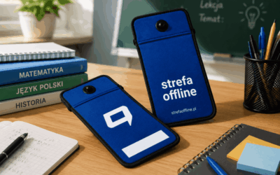 Dwa etui Strefa Offline na ławce w klasie obok podręczników