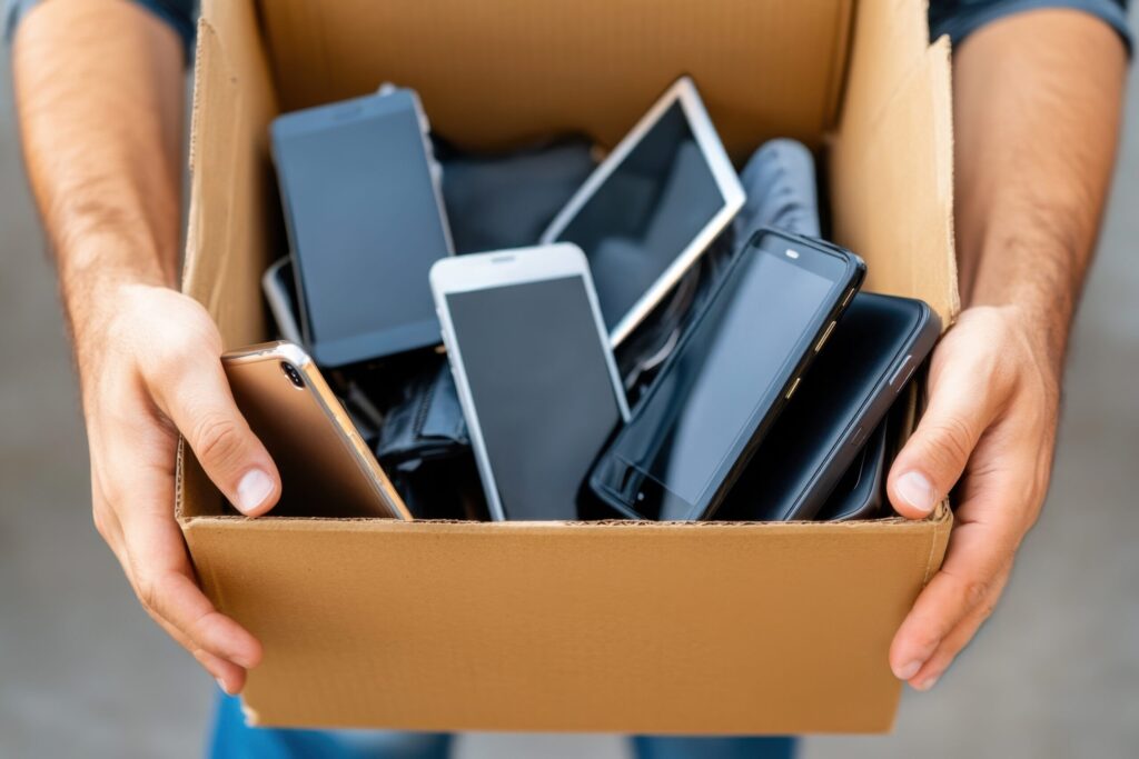 Kartonowe pudełko pełne telefonów komórkowych – depozyt telefonów w szkole