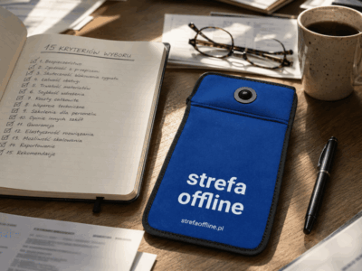 Etui Strefa Offline na biurku obok notesu z listą kryteriów wyboru
