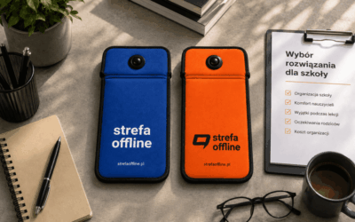 Niebieskie i pomarańczowe etui Strefa Offline obok listy „Wybór rozwiązania dla szkoły”