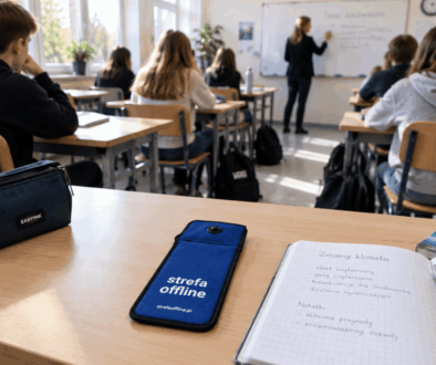 Telefon w etui Strefa Offline na ławce podczas lekcji, nauczycielka przy tablicy