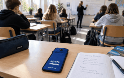Telefon w etui Strefa Offline na ławce podczas lekcji, nauczycielka przy tablicy
