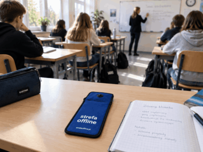 Telefon w etui Strefa Offline na ławce podczas lekcji, nauczycielka przy tablicy