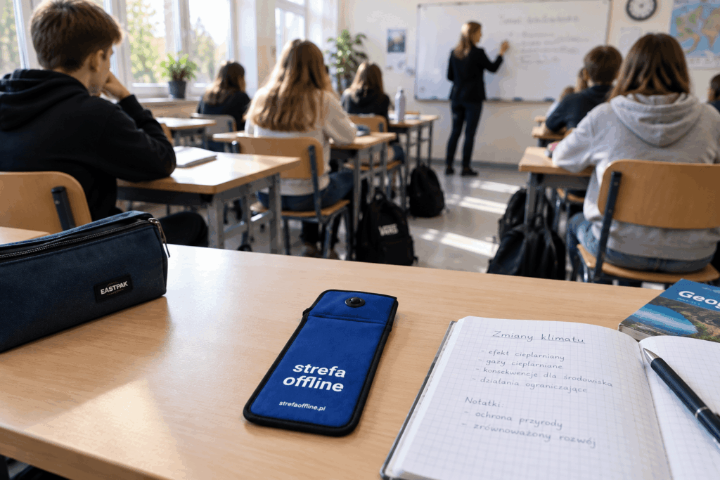 Telefon w etui Strefa Offline na ławce podczas lekcji, nauczycielka przy tablicy
