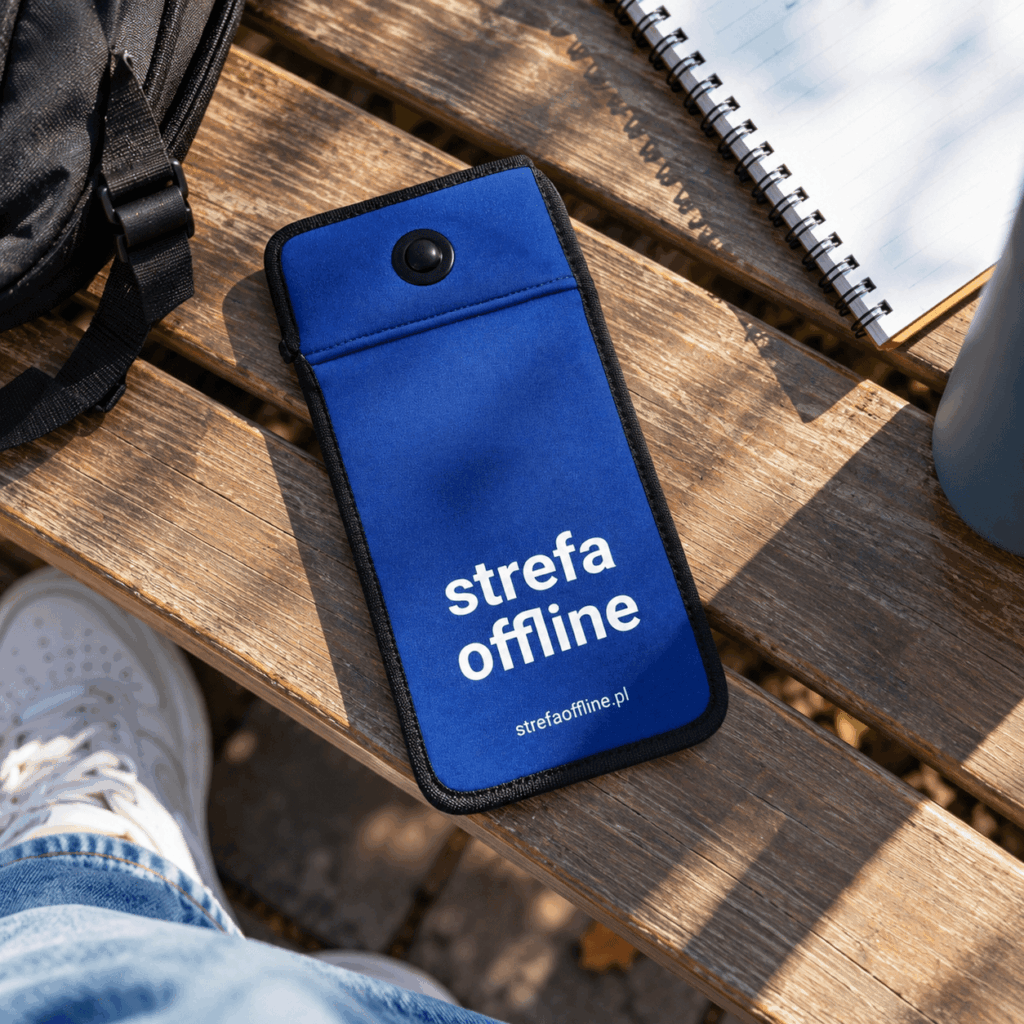 Zamykane etui na telefon Strefa Offline na drewnianej ławce
