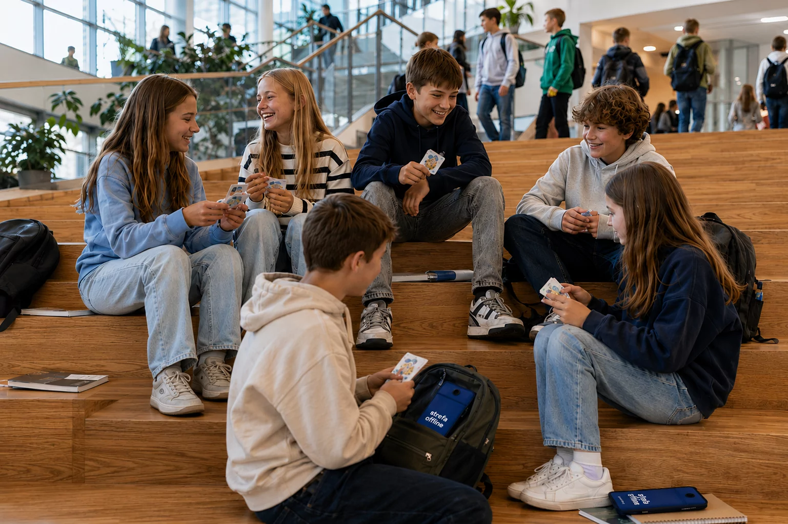 Uczniowie grają w karty na szkolnych schodach podczas przerwy bez telefonów