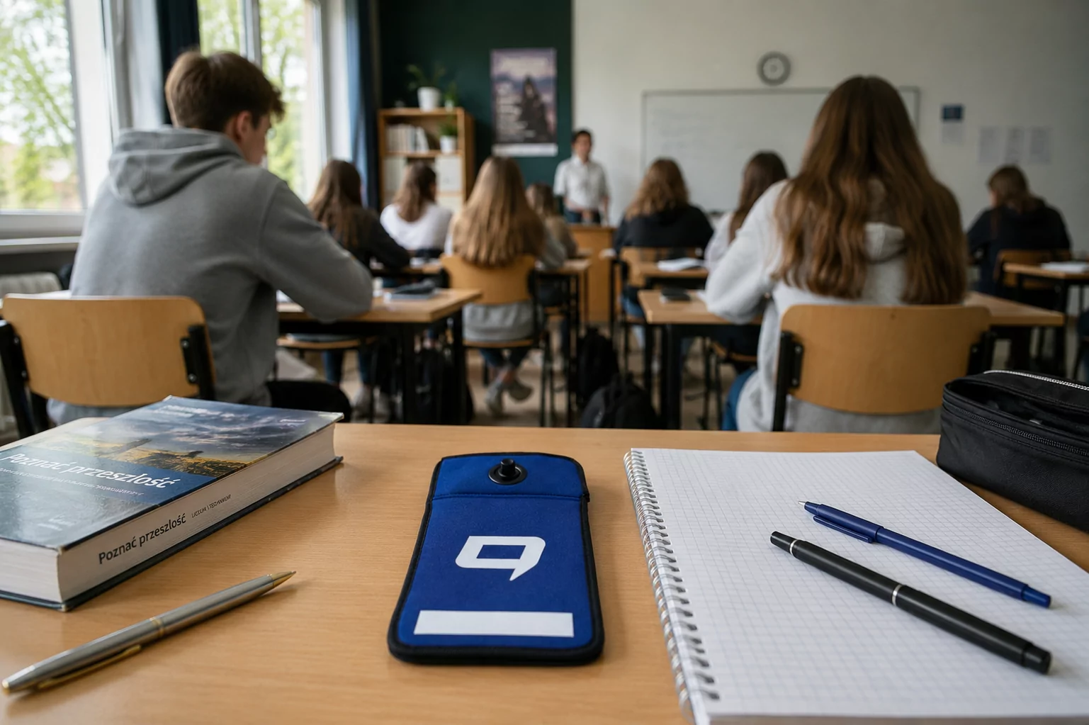 Telefon w etui Strefa Offline na ławce w klasie podczas lekcji
